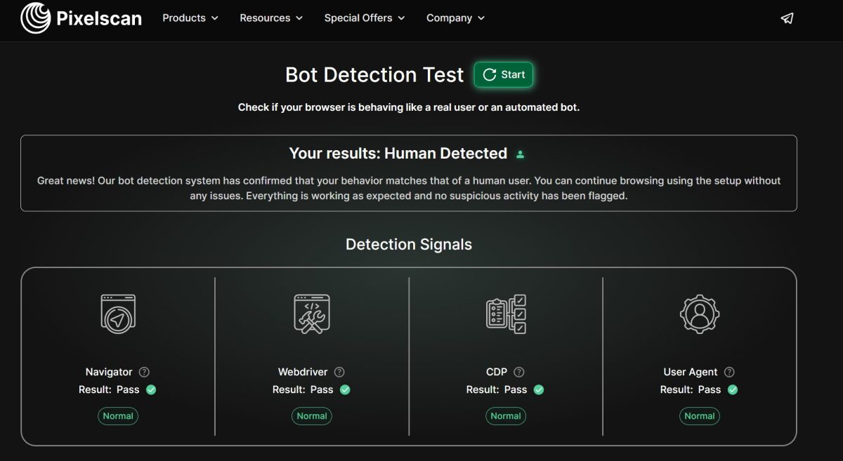 Bot Detection Test с результатом Human Detected