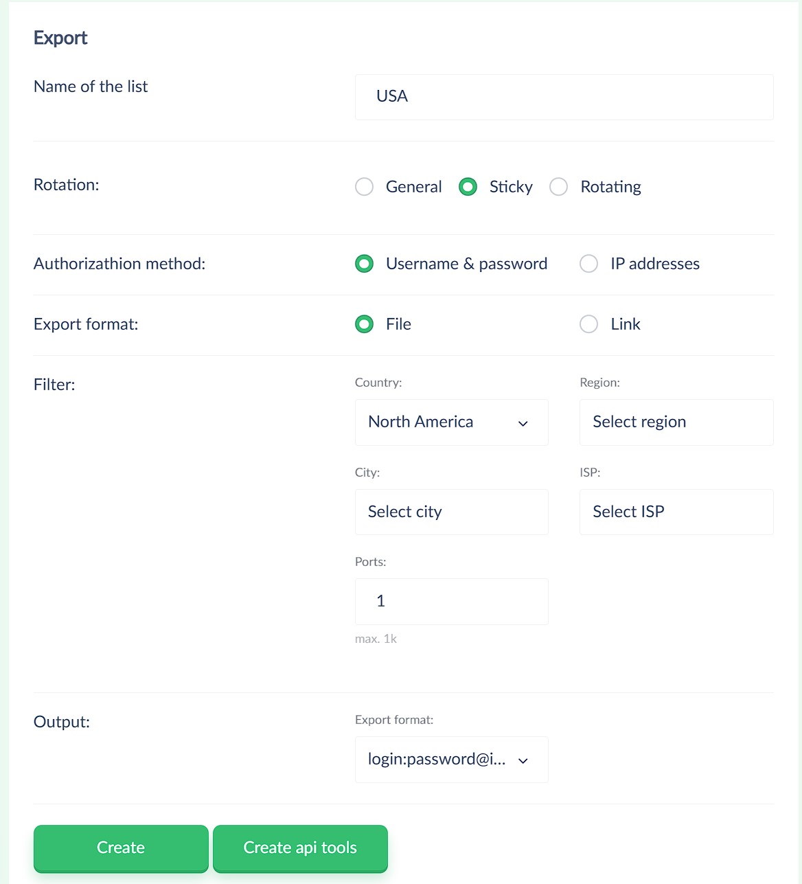 Форма экспорта прокси с настройками фильтров