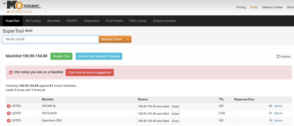 MXToolbox для второго IP