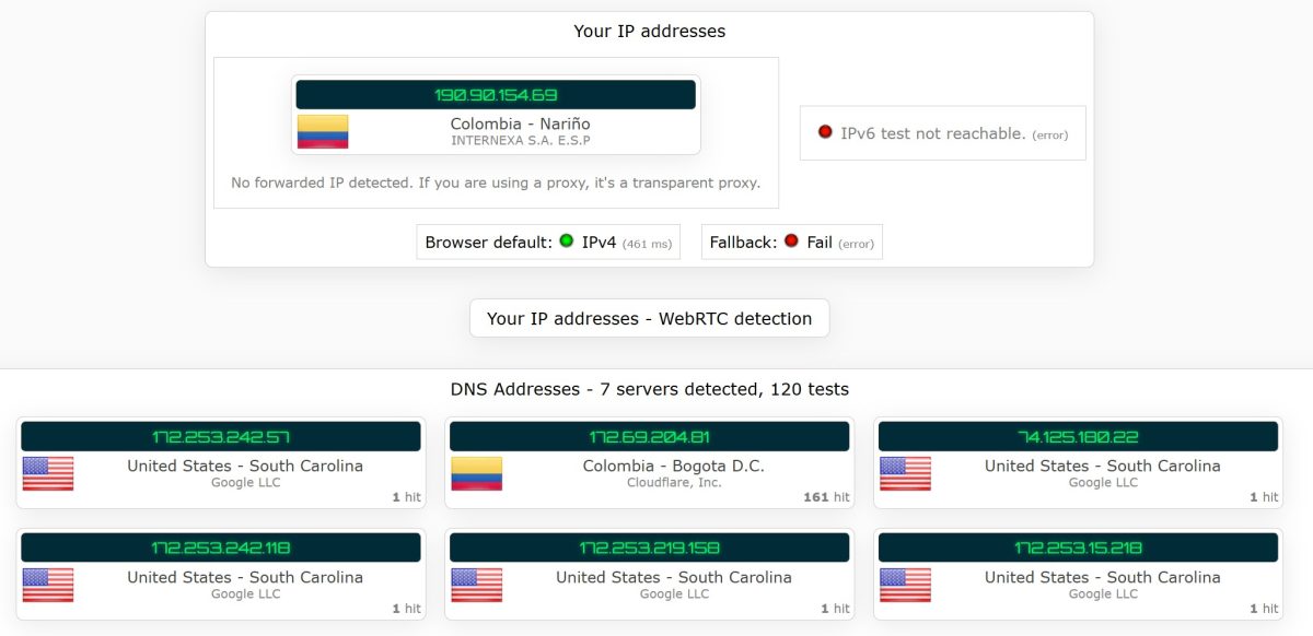 IPLeak.net показывает DNS-серверы в двух странах