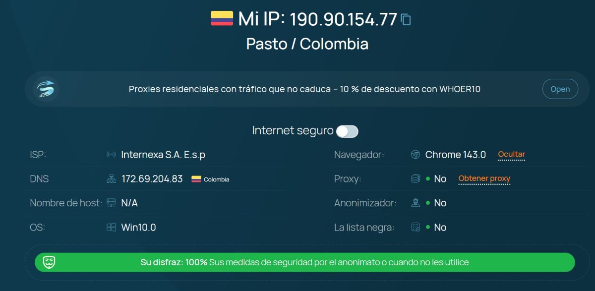 Результаты Whoer.net с показателем маскировки 100%