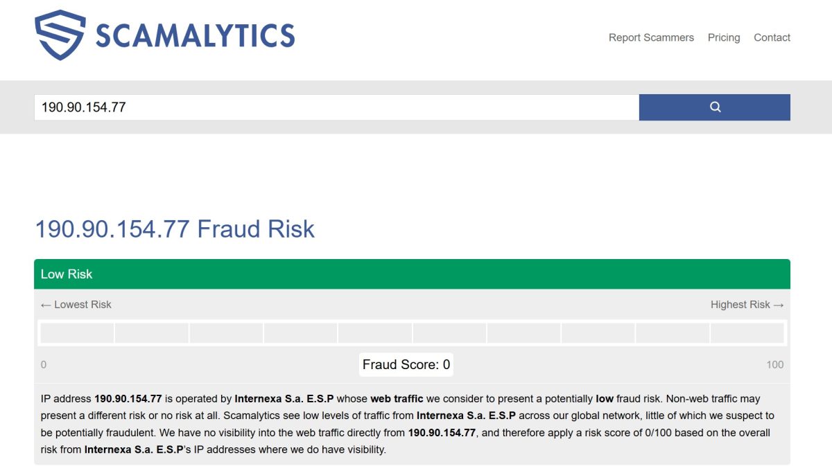 Scamalytics показывает Fraud Score 0