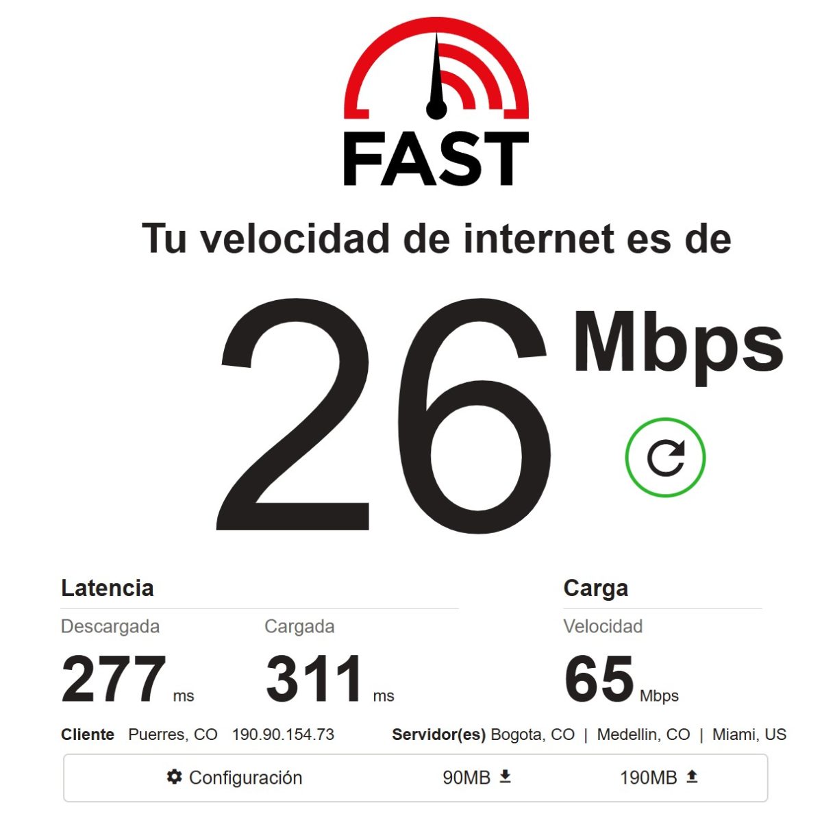 Fast.com с результатами теста скорости