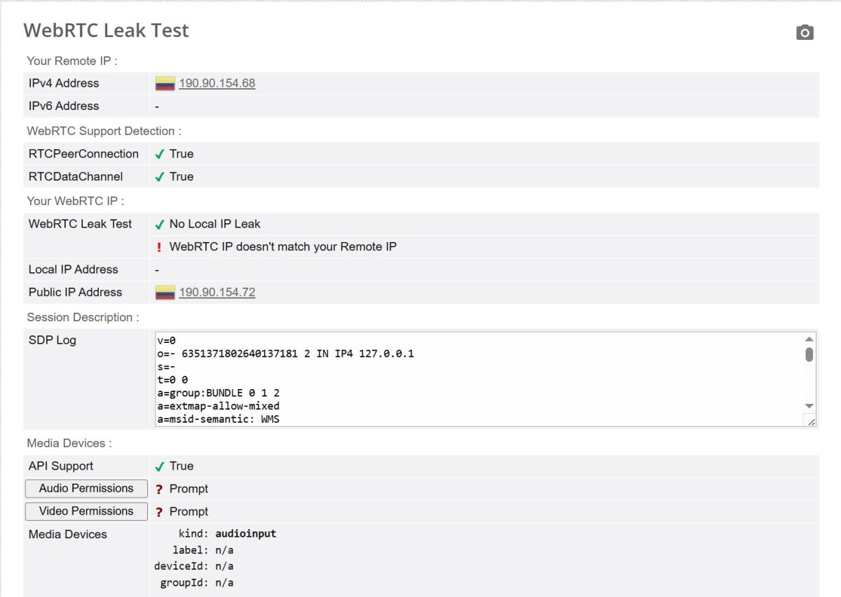 WebRTC Leak Test без утечки локального IP