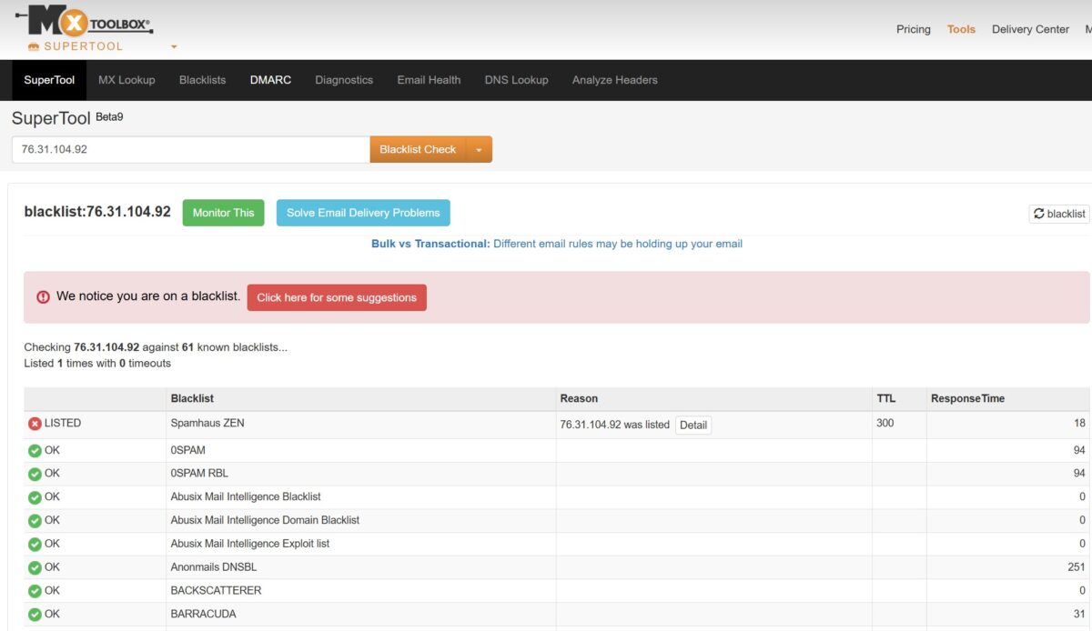 MXToolbox Blacklist Check