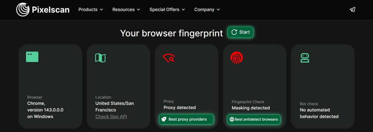 Pixelscan детектирует прокси и маскировку