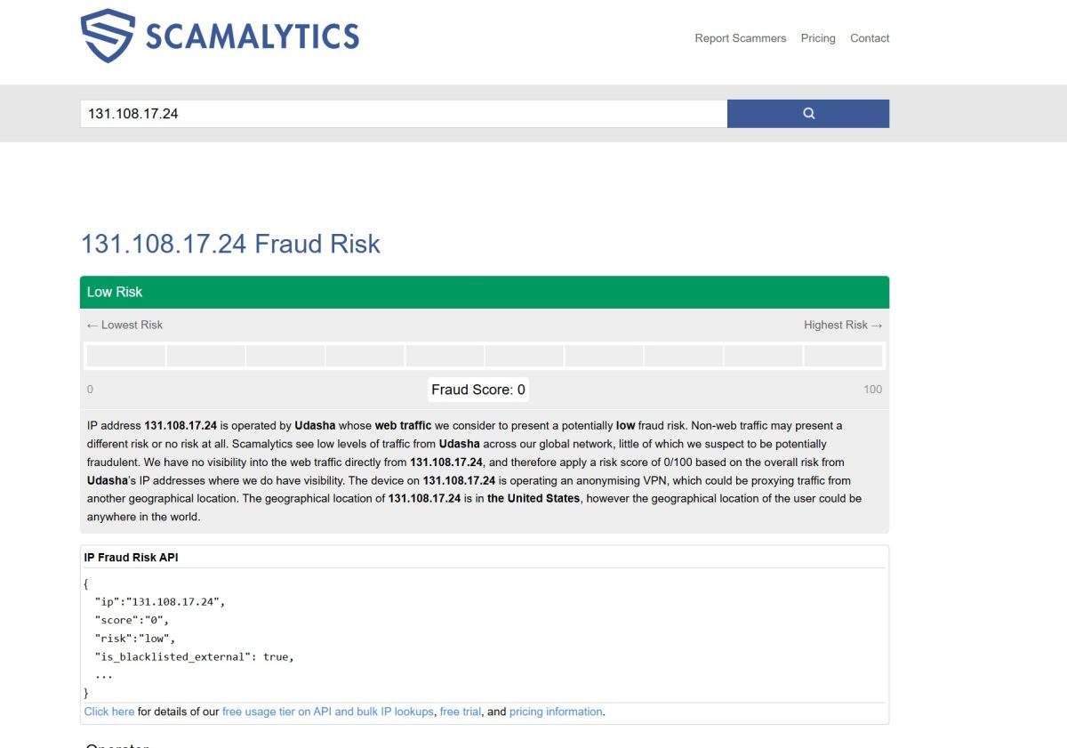 Fraud Score on Scamalytics