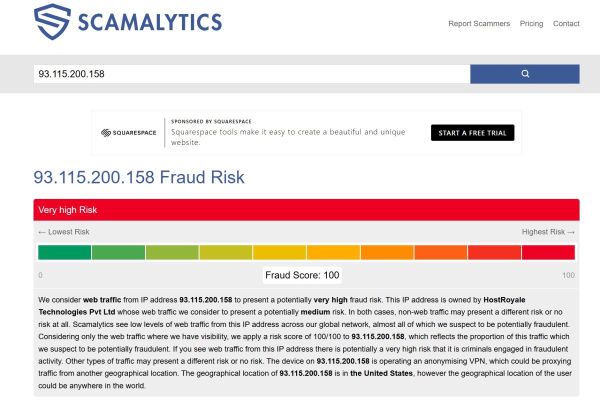 Scamalytics Fraud Score 100 для IP 93.115.200.158
