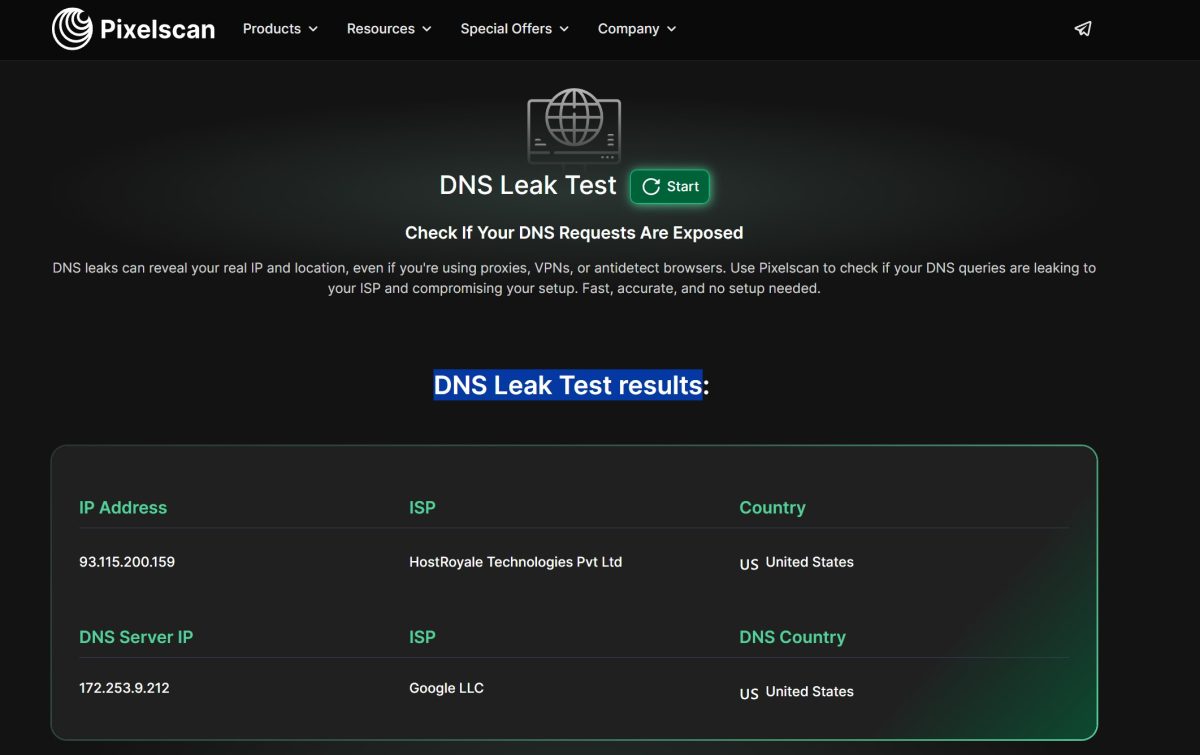 DNS Leak Test на Pixelscan