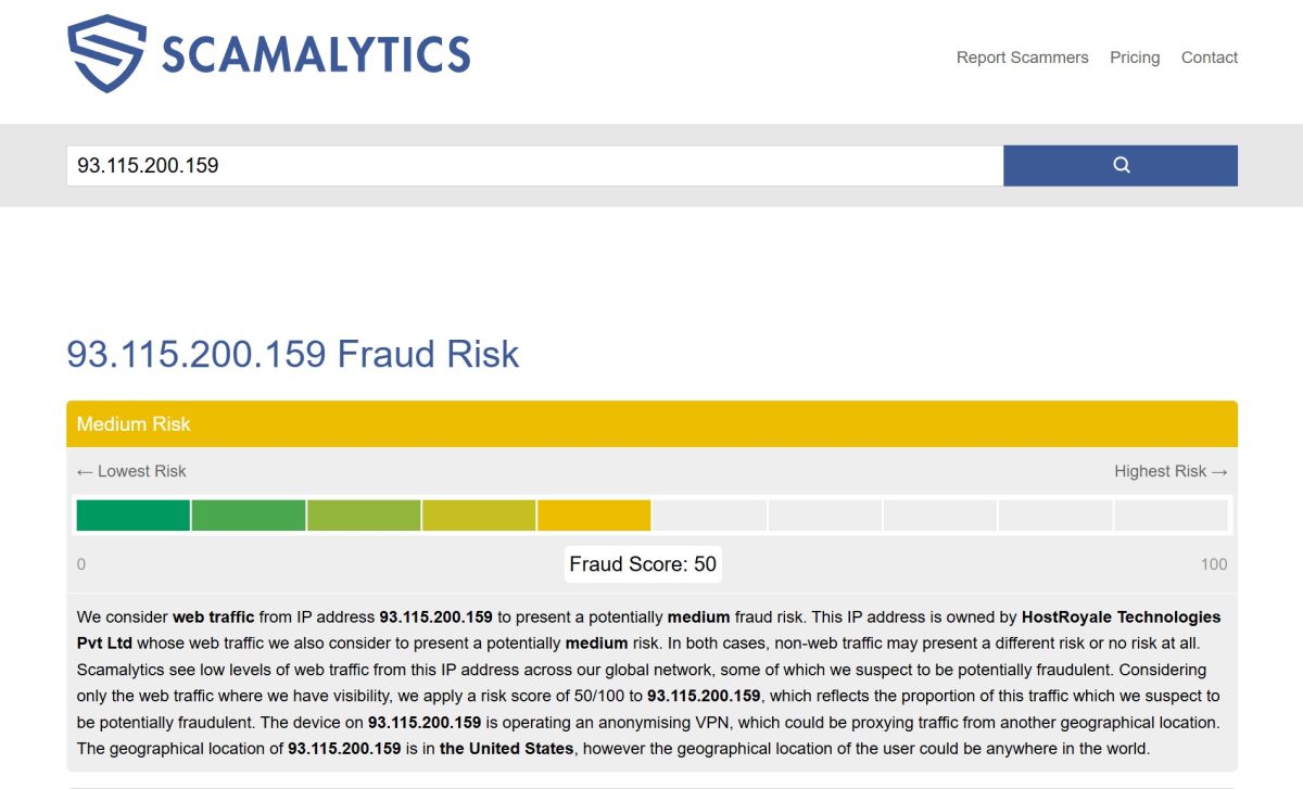 Scamalytics Fraud Score 50 для IP 93.115.200.159