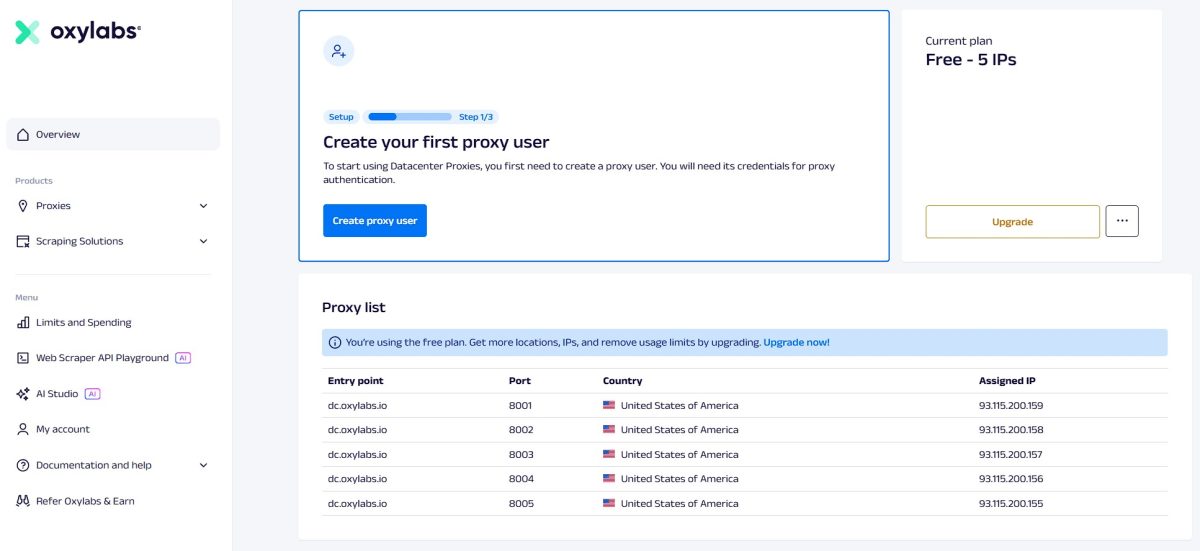 Панель Oxylabs со списком выданных 5 бесплатных прокси