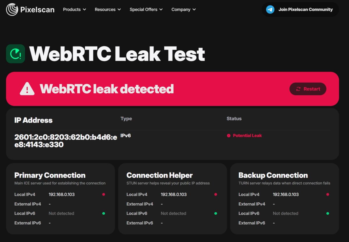 WebRTC leak detected (IPv6)