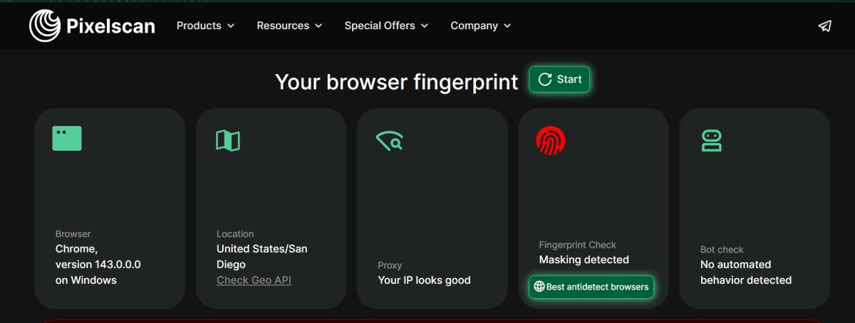 Pixelscan Browser fingerprint check