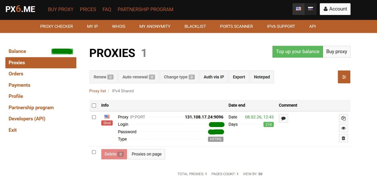 PX6.ME dashboard with active proxy
