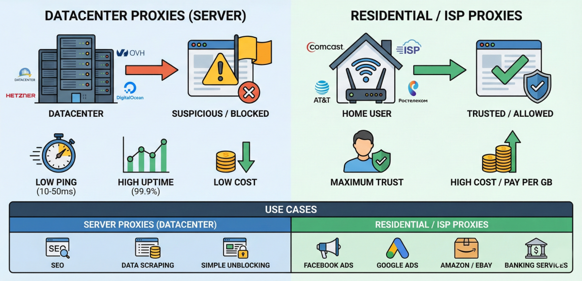 сравнеие серверных прокси и резидентских