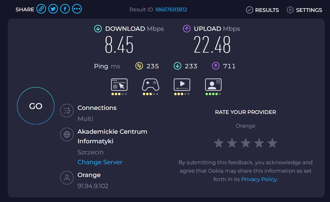 speedtest.net measurement via polish proxy