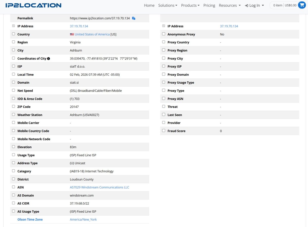 проверка нового IP 37.19.70.134 на ip2location