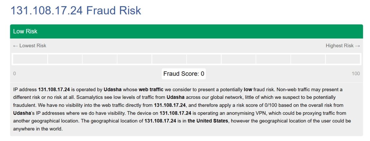 Scamalytics result page showing Fraud Score for a tested IP