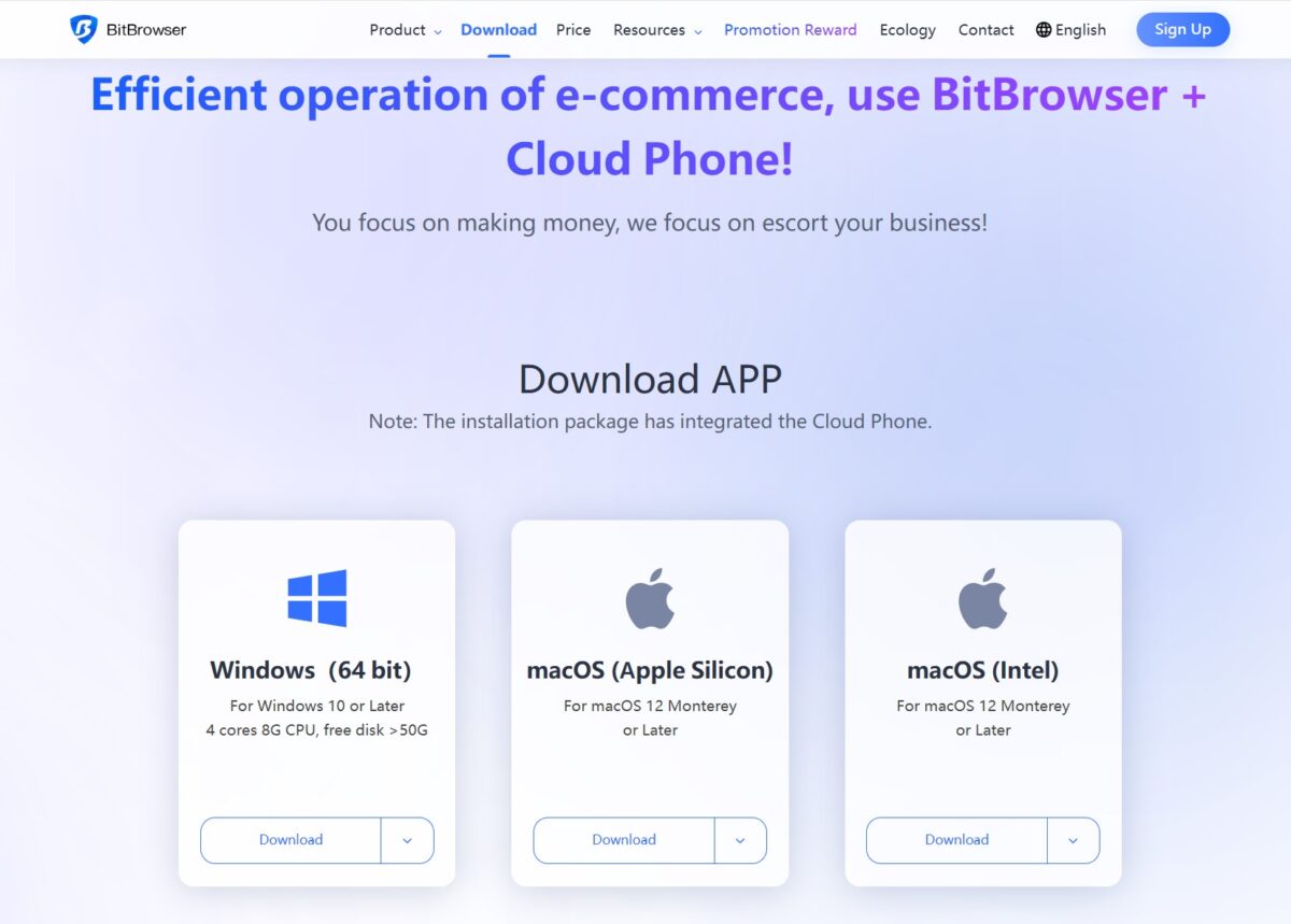 страница загрузки BitBrowser