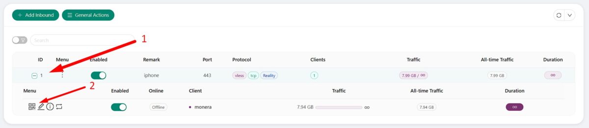 QR-код подключения в панели 3X-UI