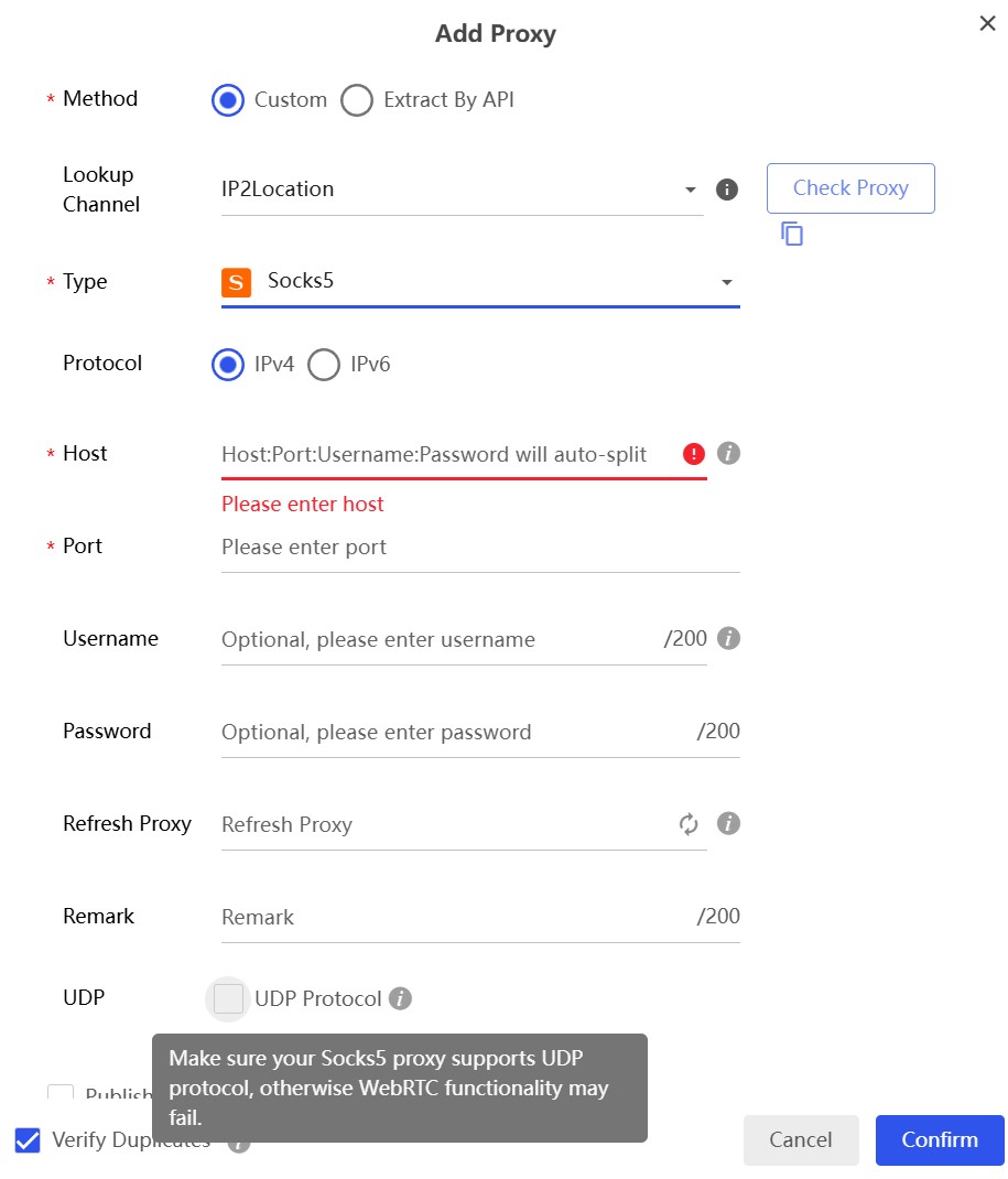 окно добавления SOCKS5-прокси