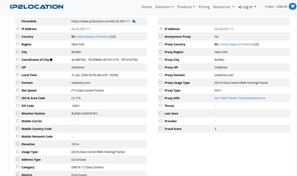 проверка первого IP на ip2location