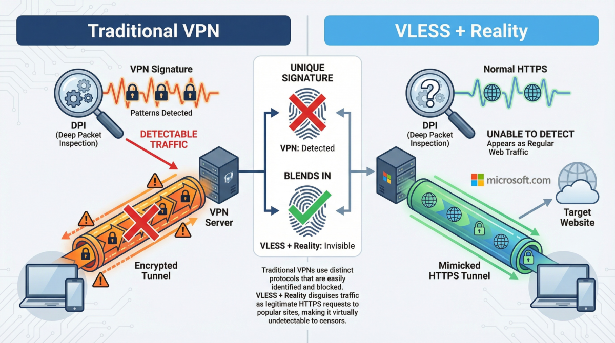 VPN vs VLESS + Reality setup comparison