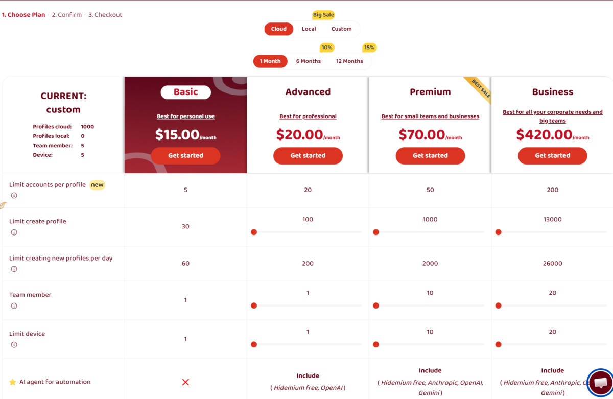 страница тарифов Hidemium