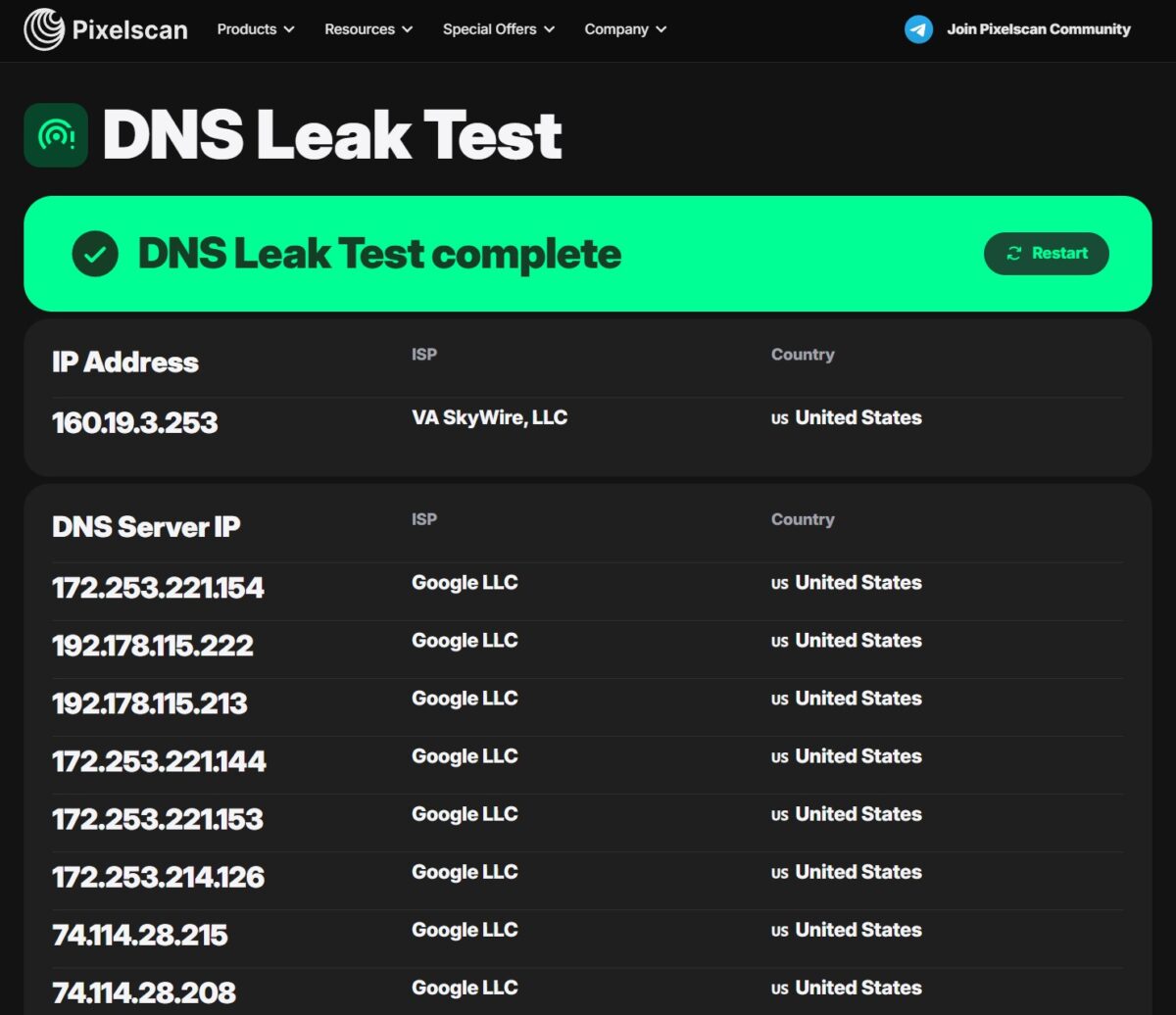 Pixelscan DNS Leak Test