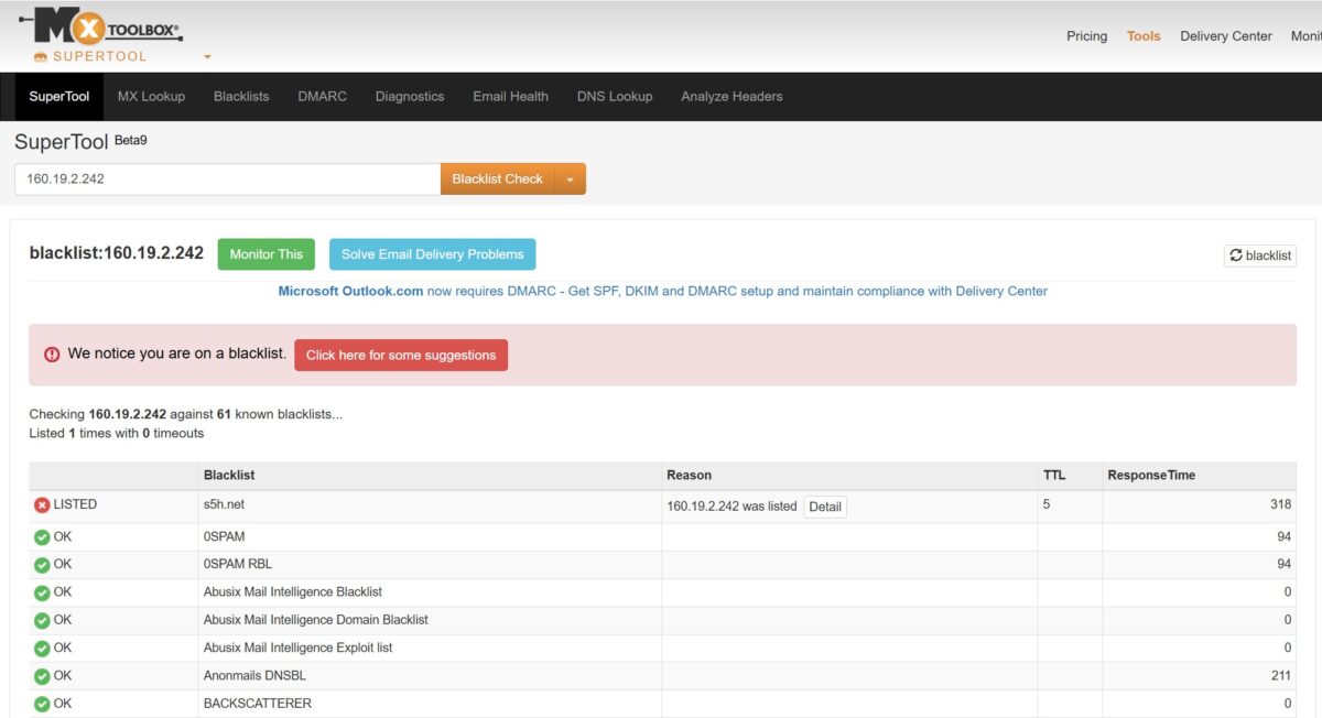 MXToolbox Blacklist Check