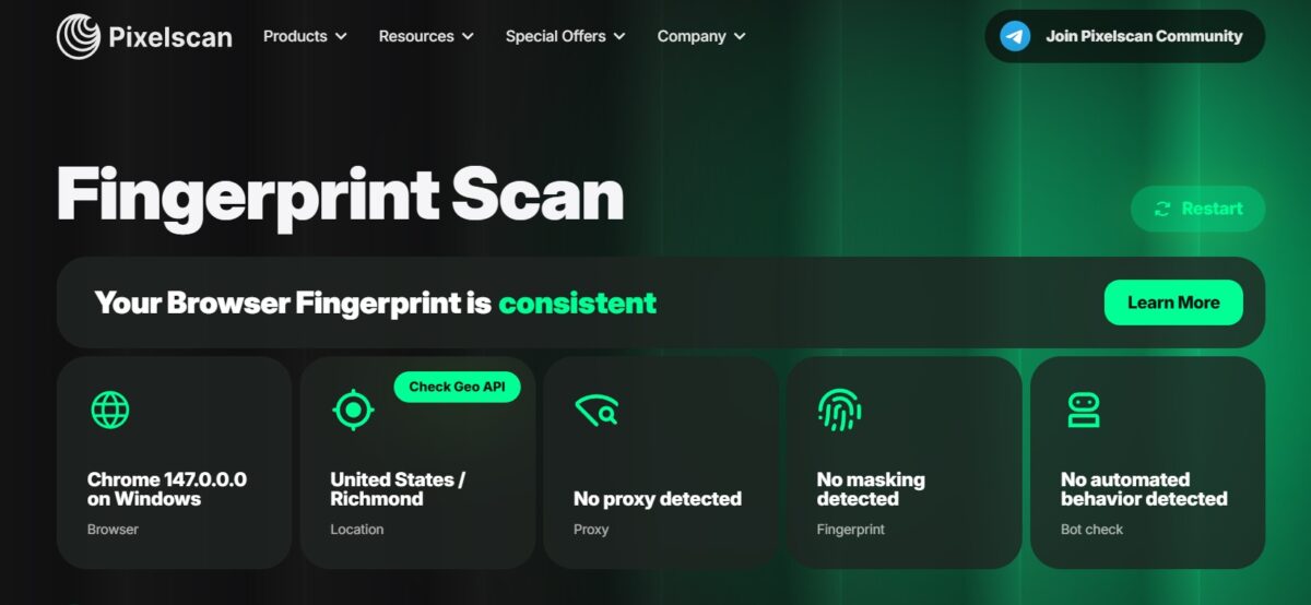Pixelscan Fingerprint Scan