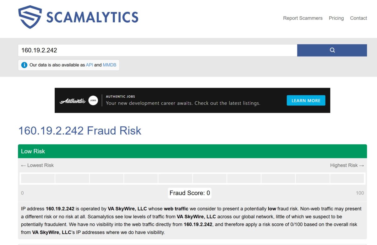 Scamalytics с Fraud Score 0/100 и пометкой Low Risk