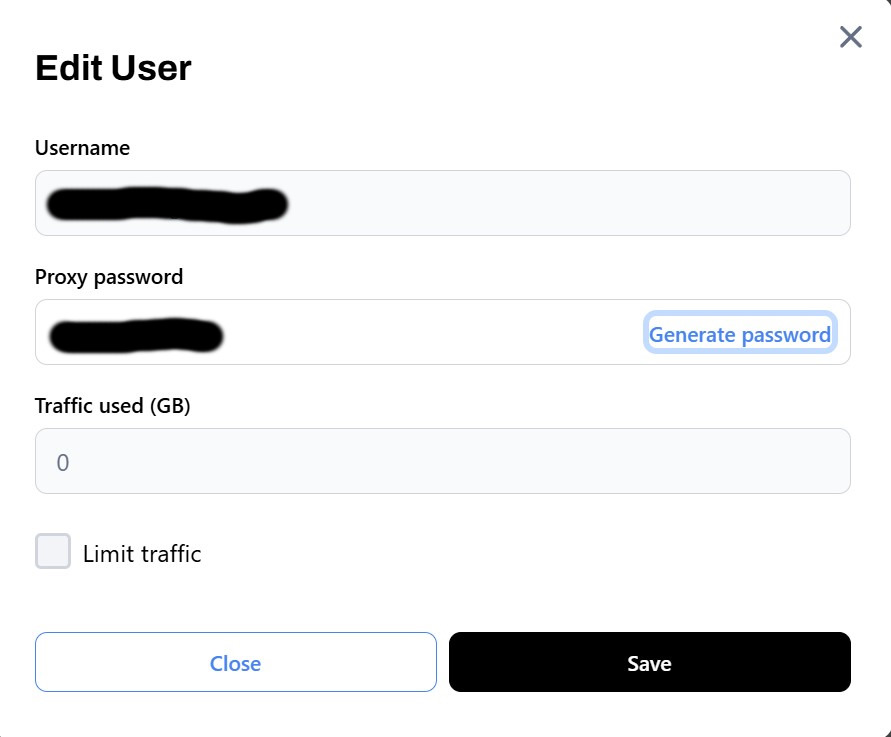 окно Edit User с генерацией пароля и опцией Limit traffic