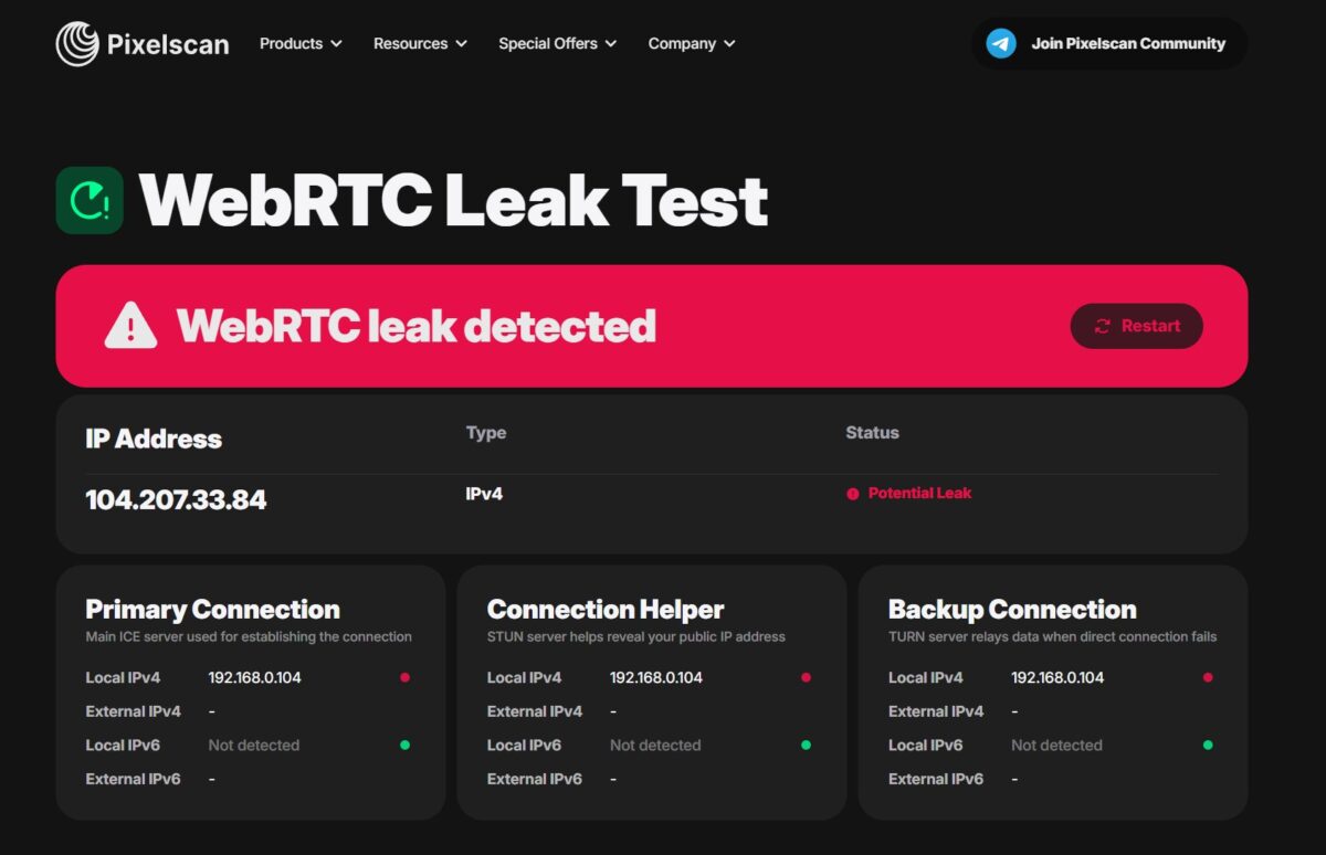 Pixelscan WebRTC Leak Test