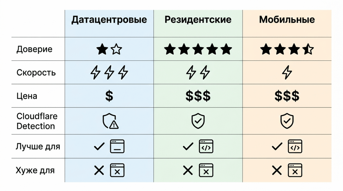 Сравнение датацентровых, резидентских и мобильных прокси