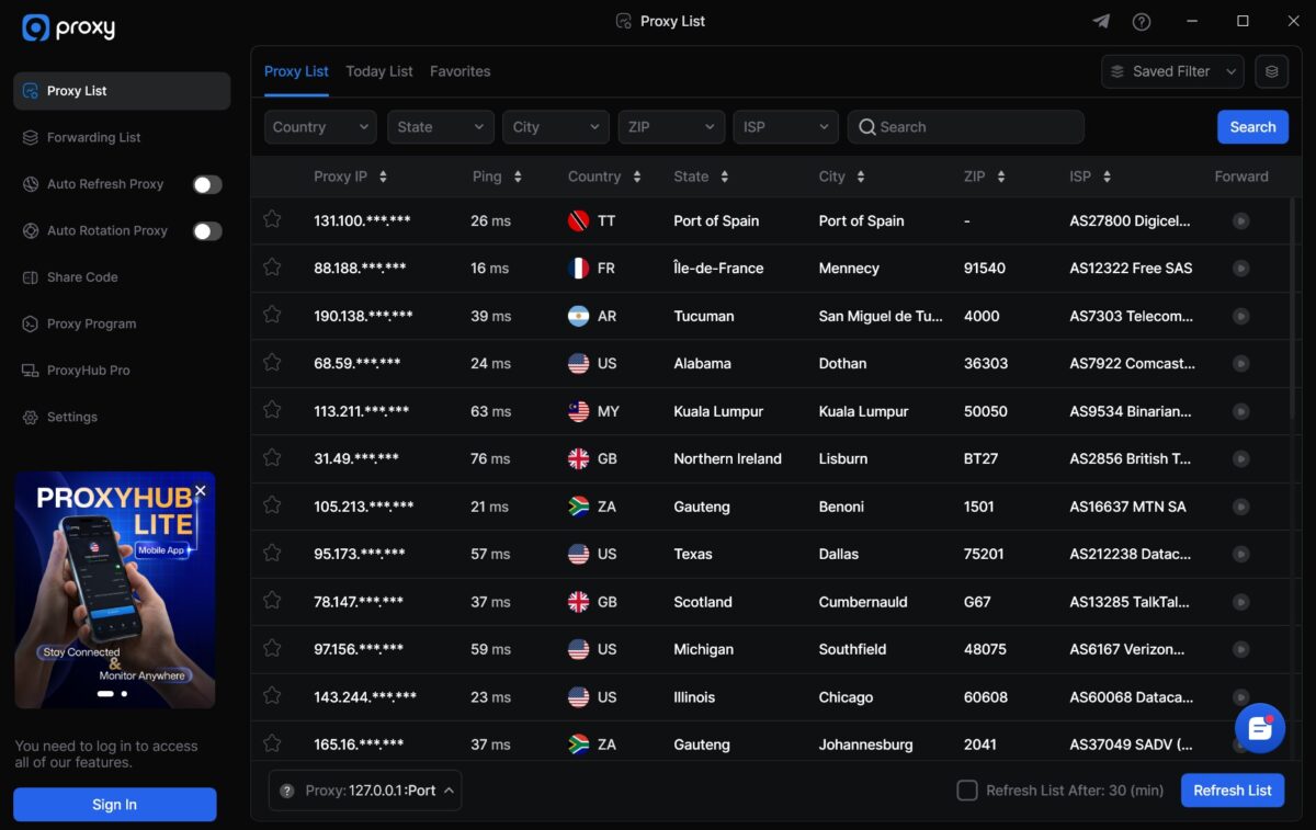 desktop app Proxy List with an IP/Ping/Country/ISP table