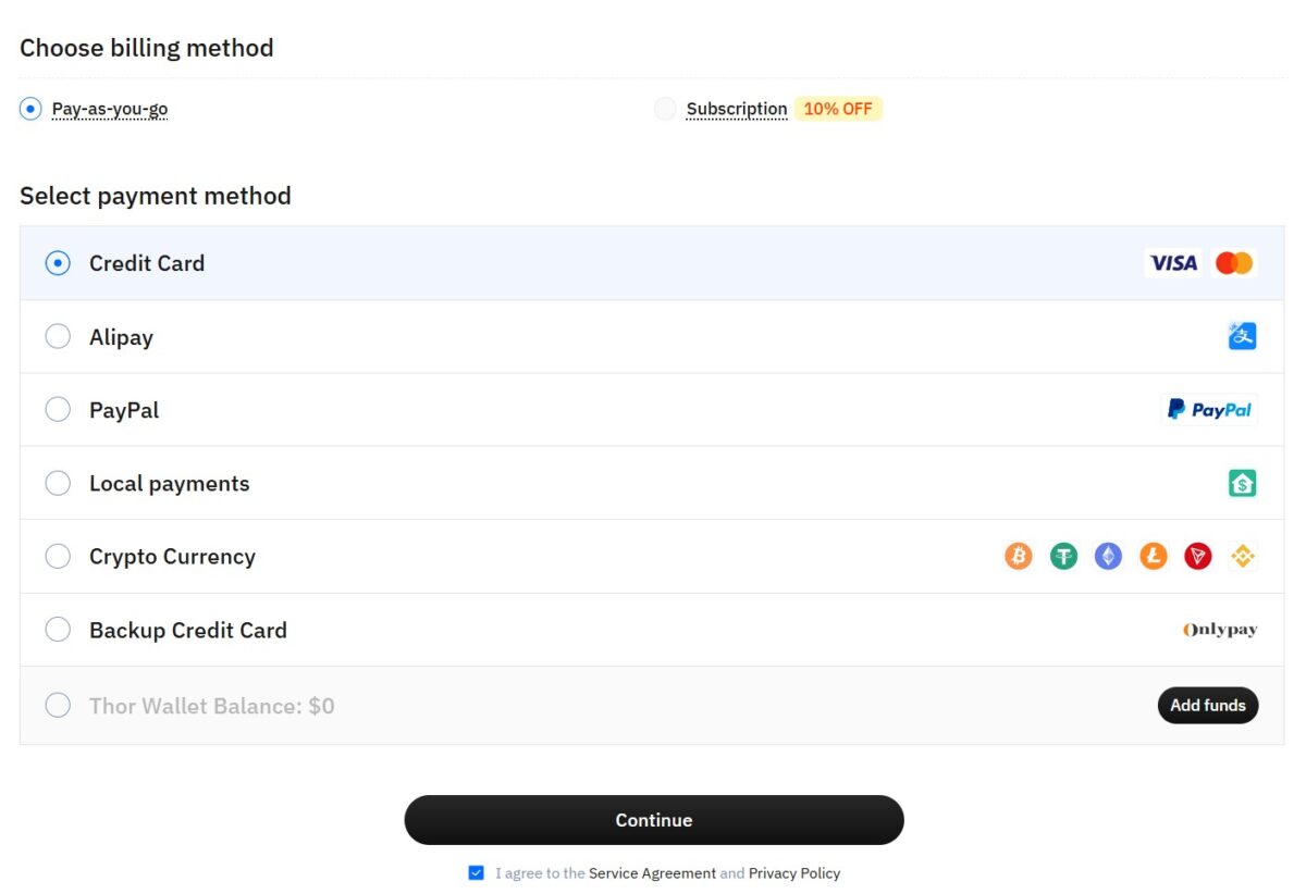 Способы оплаты Thordata