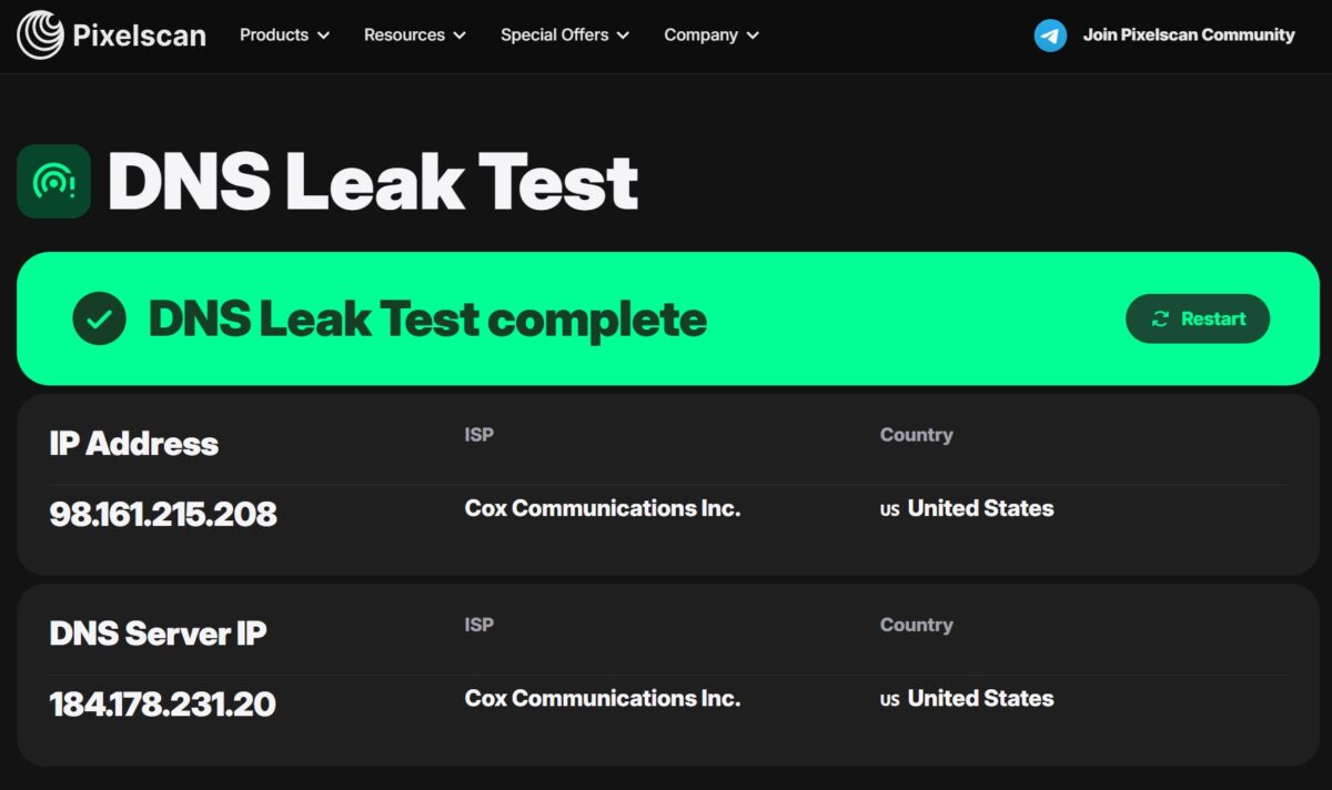 Pixelscan DNS Leak Test