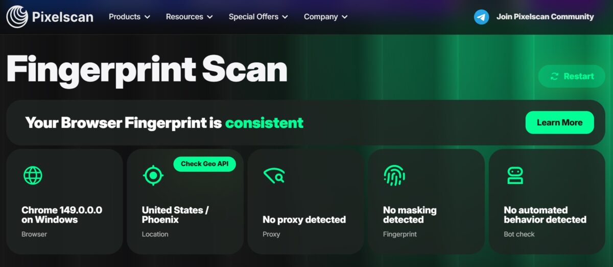 Pixelscan Fingerprint Scan