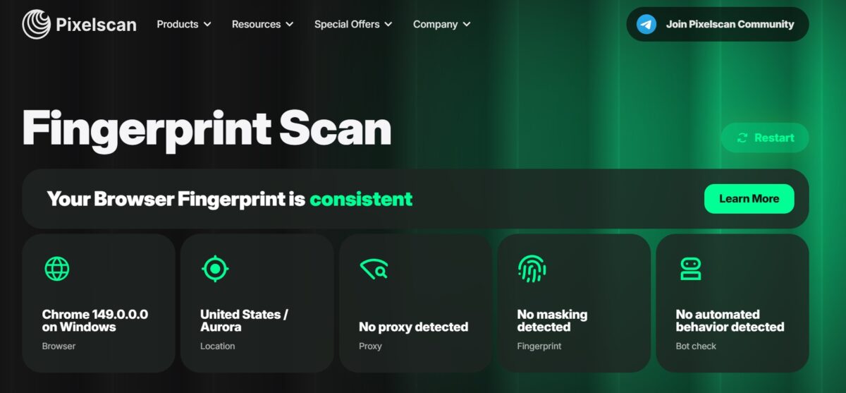Pixelscan Fingerprint Scan