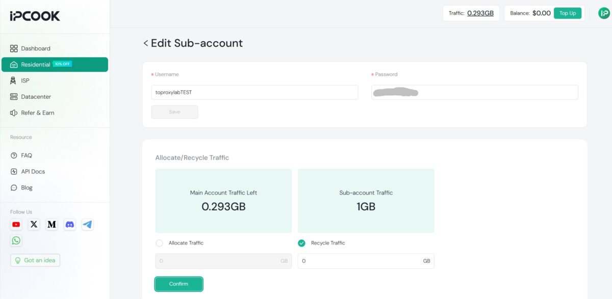 editing the sub-account, allocating 1 GB