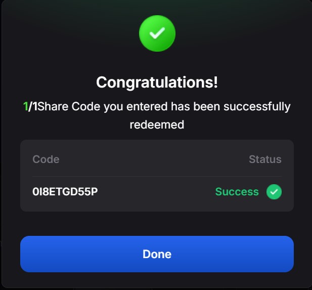 Congratulations! Share Code redeemed