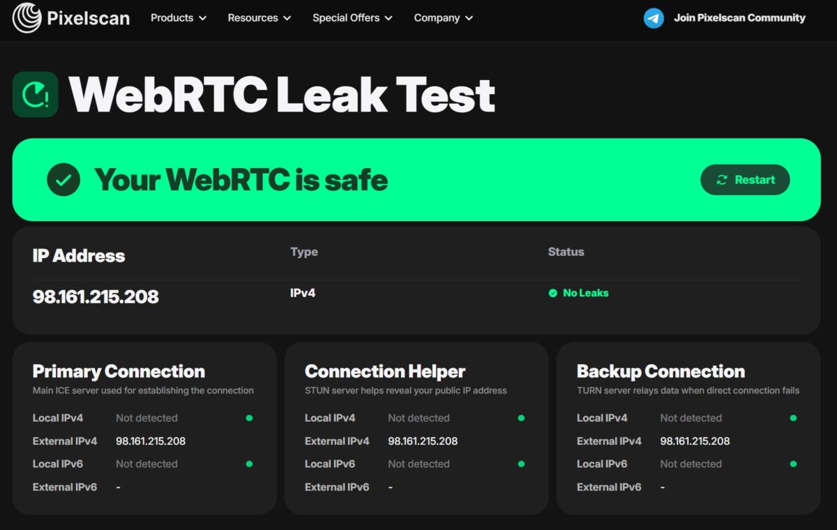 Pixelscan WebRTC Leak Test