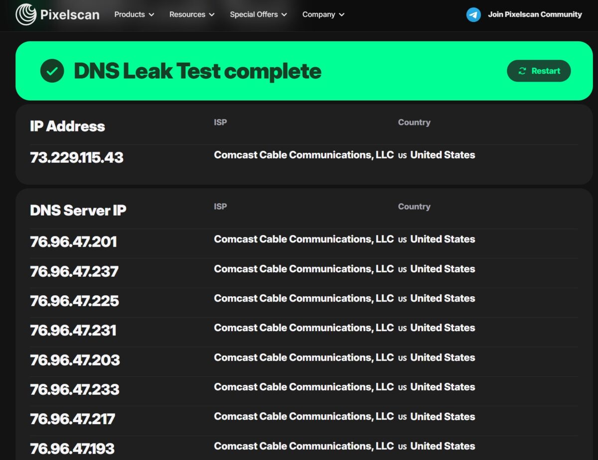 Pixelscan DNS Leak