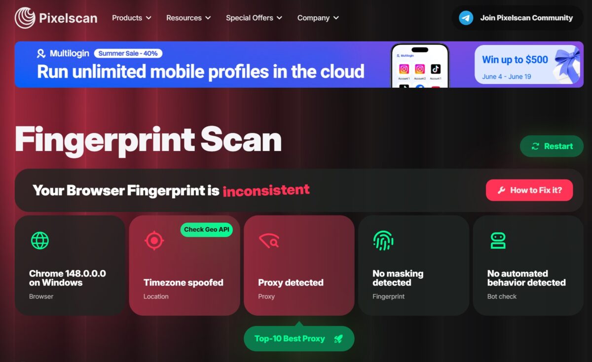 Pixelscan, inconsistent