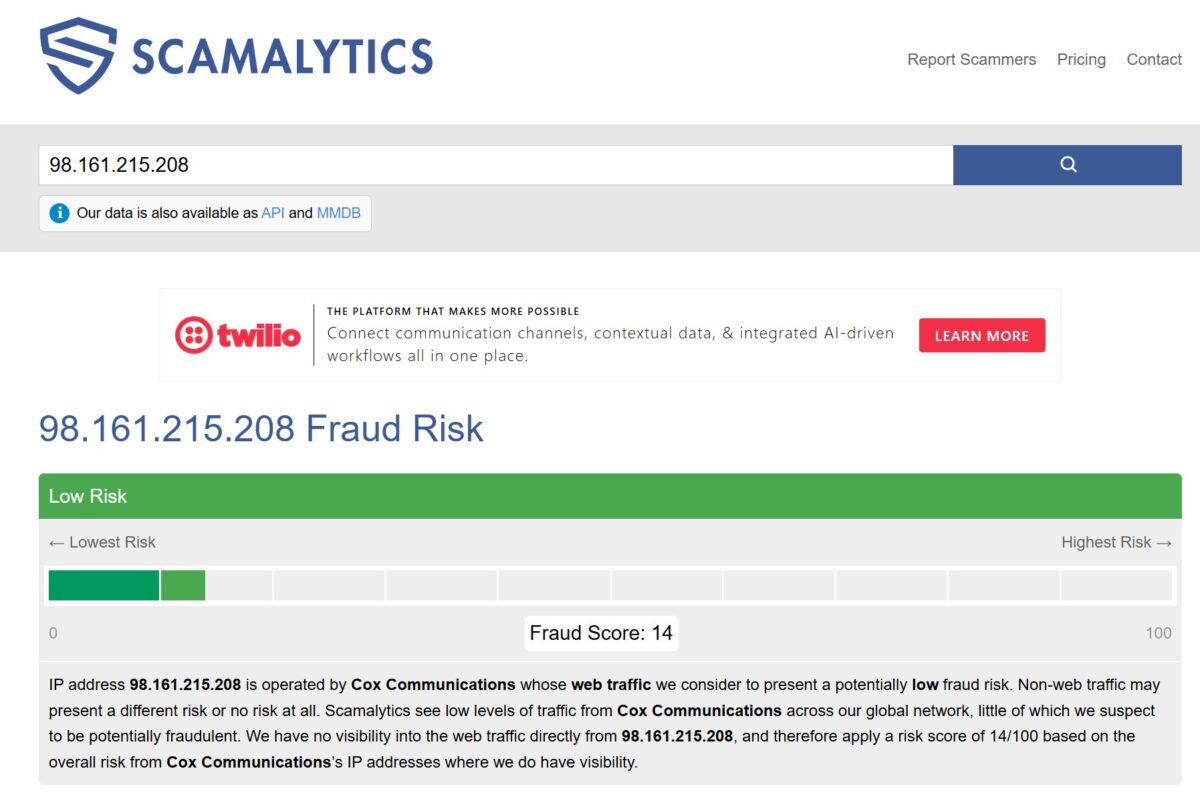 Scamalytics, Fraud Score 14