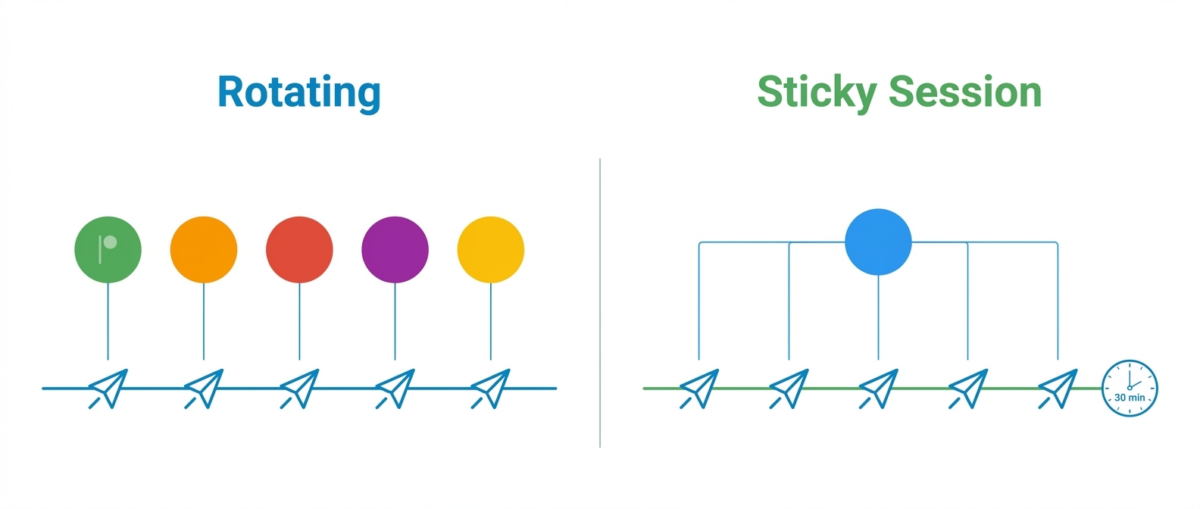 Rotating vs sticky session proxy comparison diagram