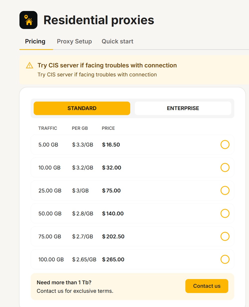 pricing table in the dashboard