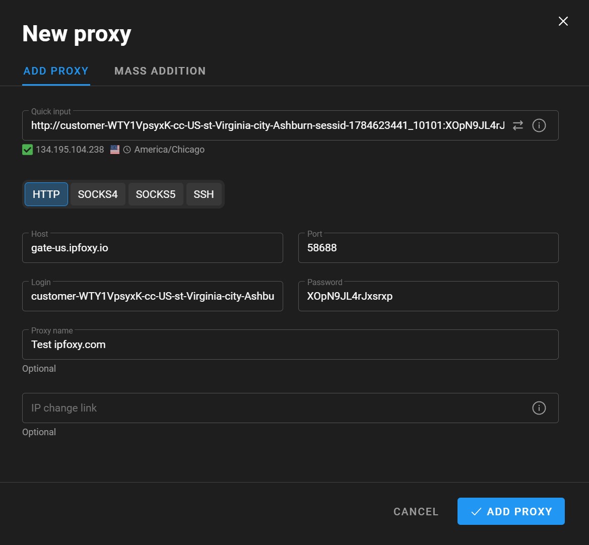 New proxy window in the antidetect browser