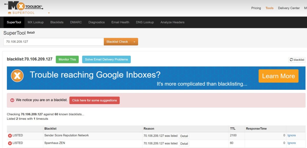 MXToolbox Blacklist Check